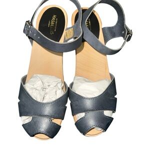 Swedish Hasbeens Navy Blue Leather Block Chunk Heels Size 38 7.5-8